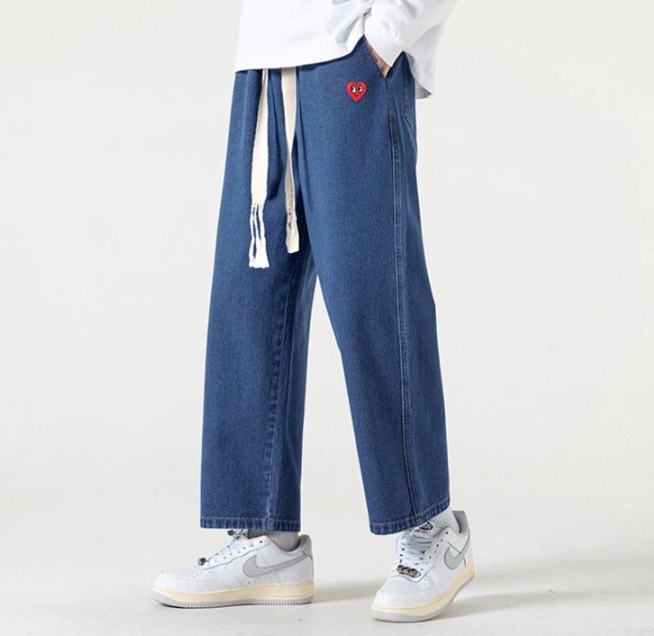 デニムパンツメンズ ワイド ハートワッペン付き紐結びワイドデニム