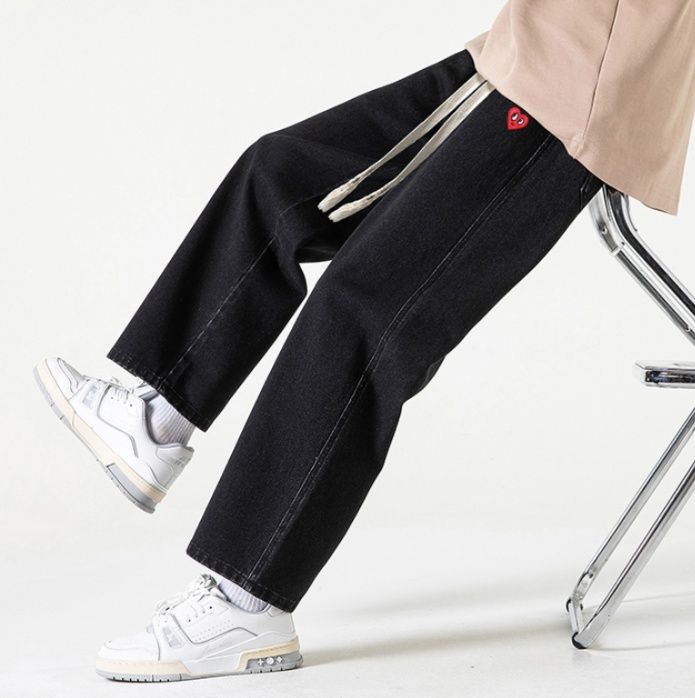 デニムパンツメンズ ワイド ハートワッペン付き紐結びワイドデニム