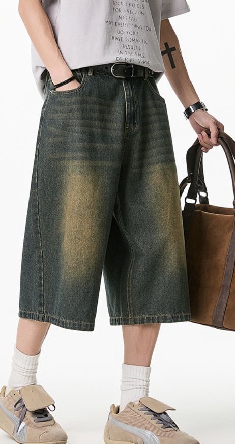 デニムパンツメンズ バギー ゆったりワイド七分丈デニムパンツ