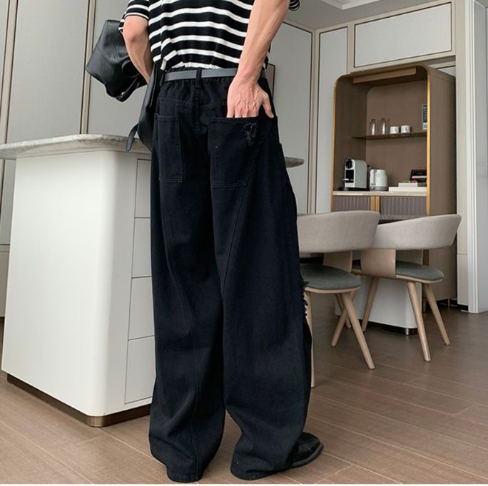 デニムパンツメンズ ダメージ ゆったりシルエット破れ加工デニム