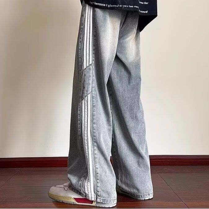 デニムパンツメンズ バギー ゆったりシルエットライン入りバギーデニム
