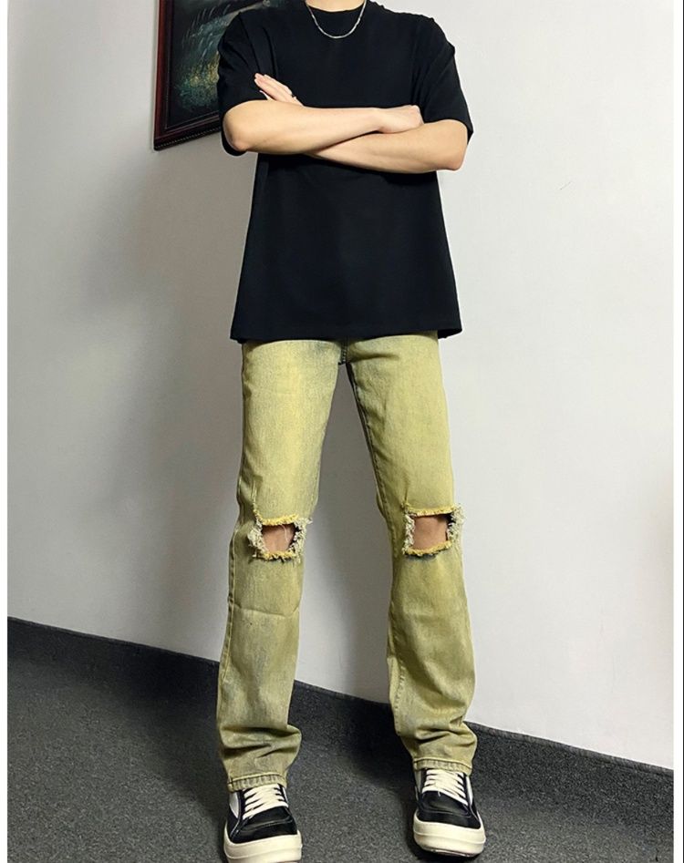 デニムパンツメンズ ダメージ 膝破れストレートデニムパンツ