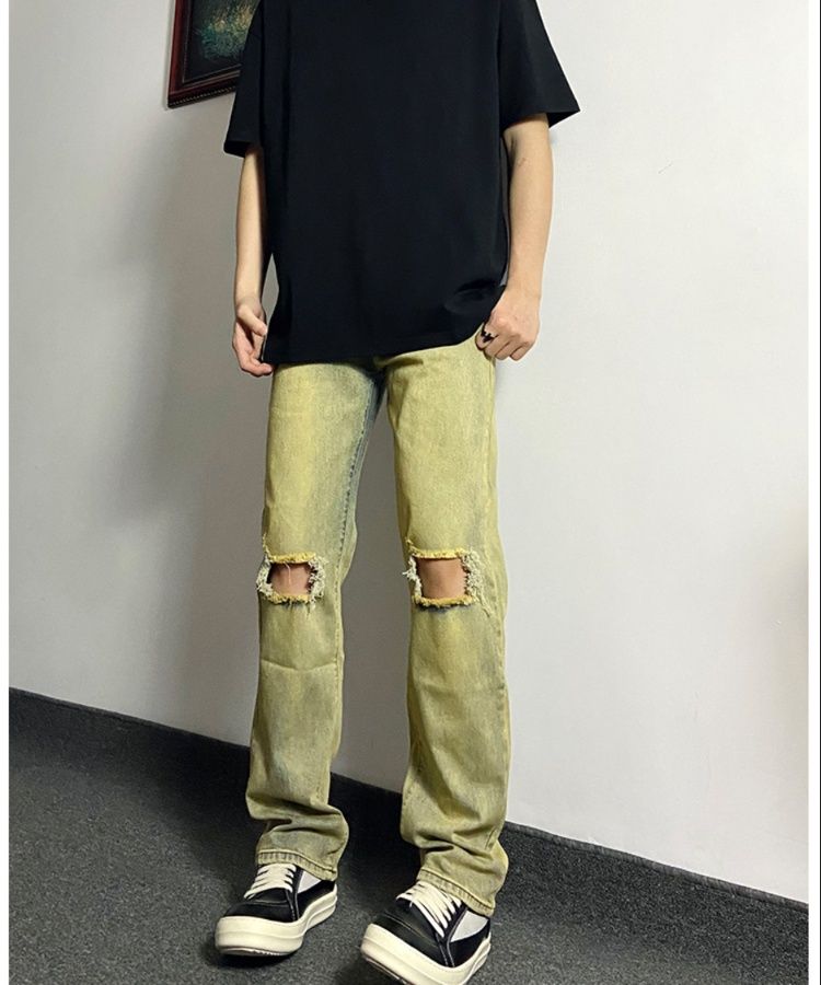 デニムパンツメンズ ダメージ 膝破れストレートデニムパンツ