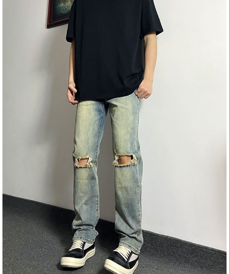 デニムパンツメンズ ダメージ 膝破れストレートデニムパンツ