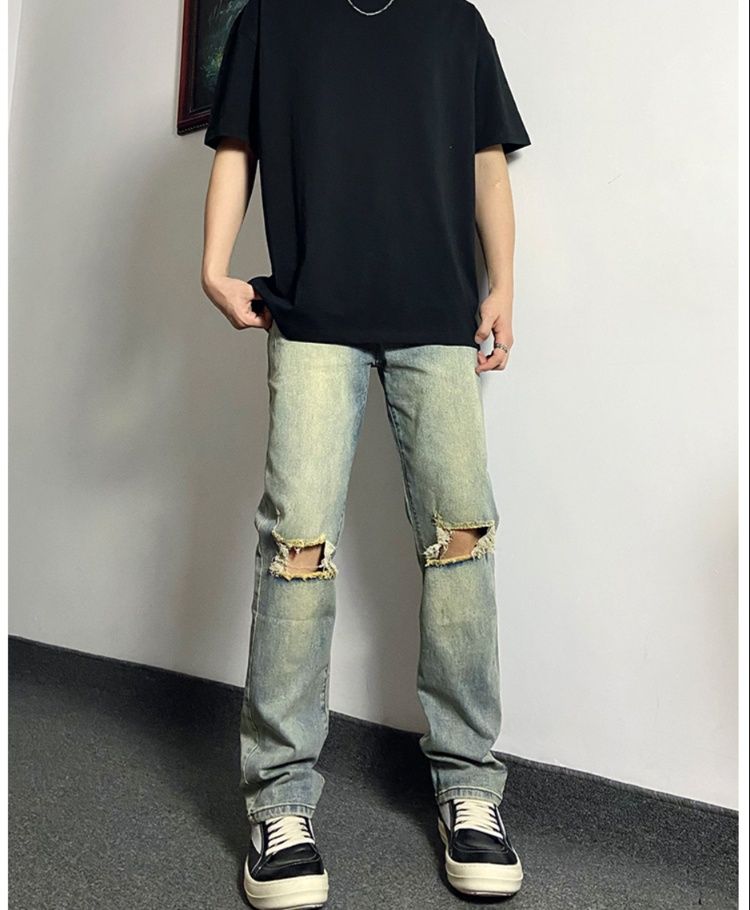 デニムパンツメンズ ダメージ 膝破れストレートデニムパンツ