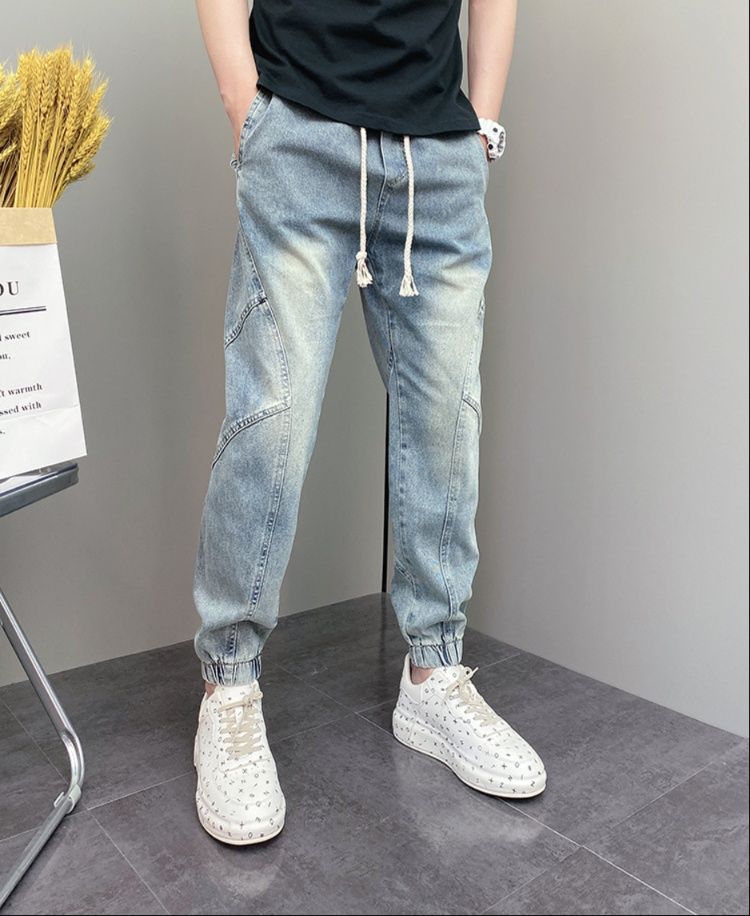 デニムパンツメンズ テーパード ウエスト紐付きジョガーデニム