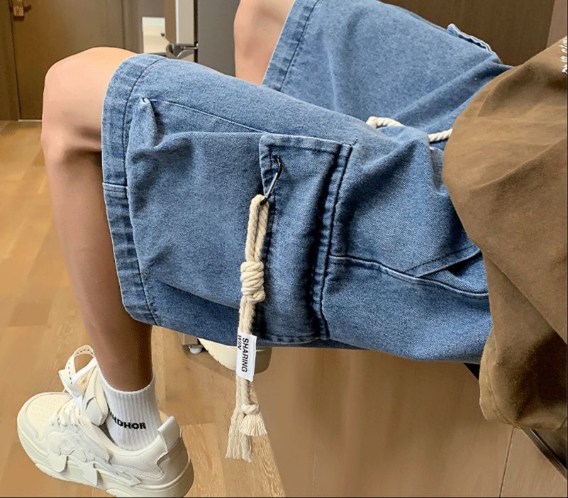 デニムパンツメンズ カーゴ ゆったり楽々ポケット付きデニムハーフパンツ