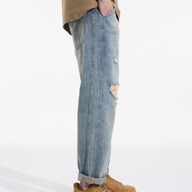 デニムパンツメンズ ヴィンテージ風クラッシュストレートデニム