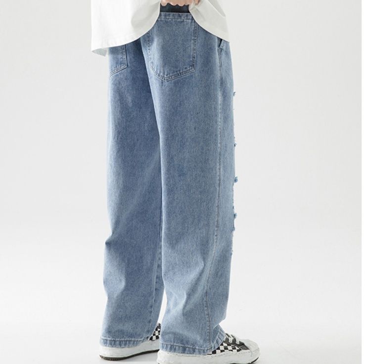 デニムパンツメンズ サイドダメージ加工ワイドデニム