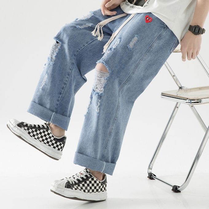 デニムパンツメンズ サイドダメージ加工ワイドデニム