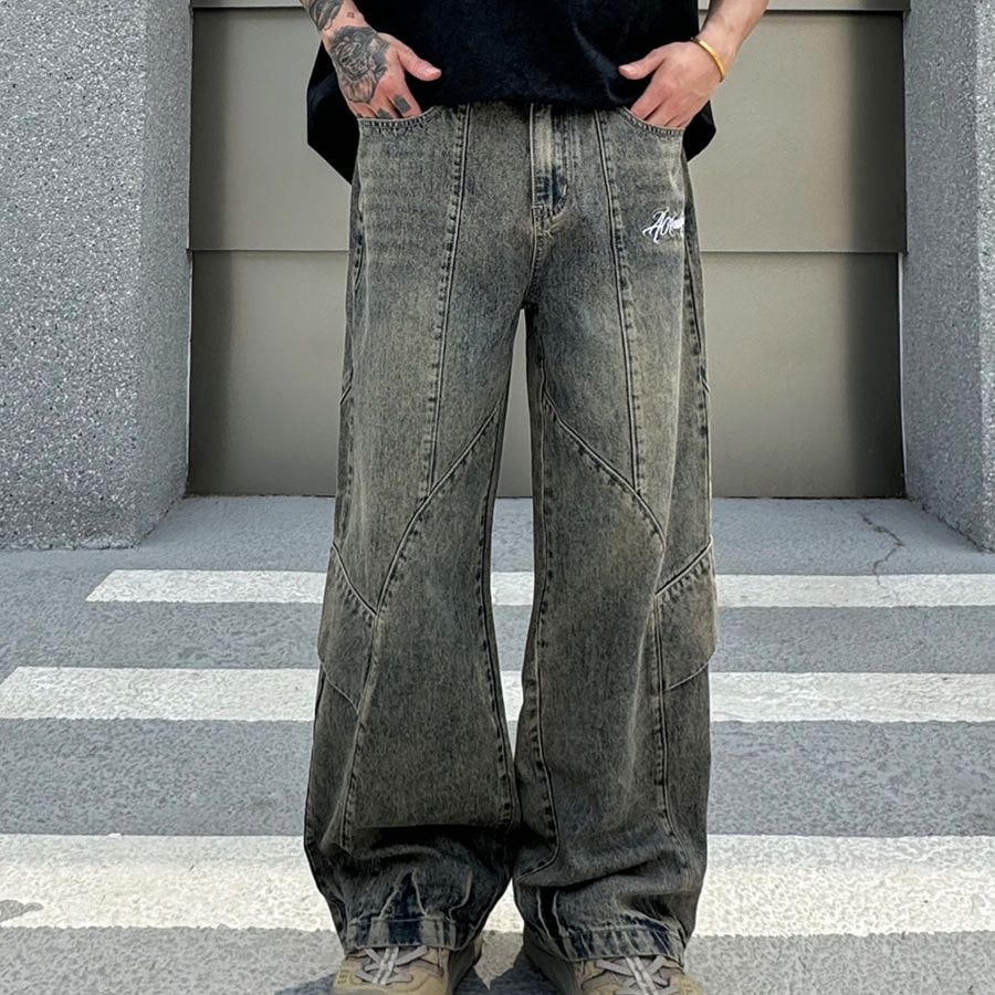 デニムパンツメンズ ヴィンテージ風ダメージワイドデニム