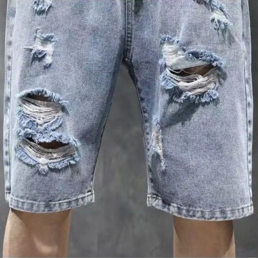 デニムパンツメンズ ヴィンテージ風クラッシュハーフ丈