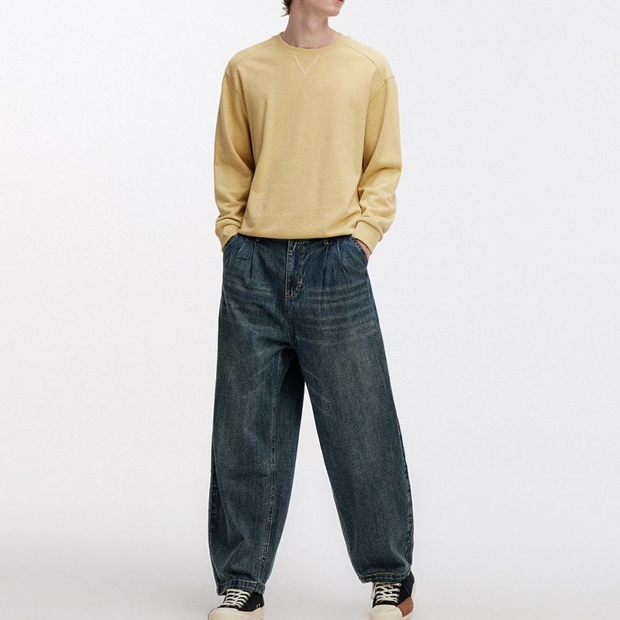 デニムパンツメンズ ゆったりシルエット裾絞りデニムパンツ