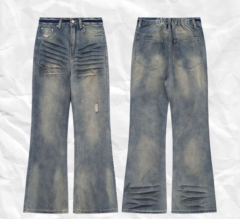 メンズデニムパンツ 男女兼用古着風ダメージ加工フレアデニムパンツ