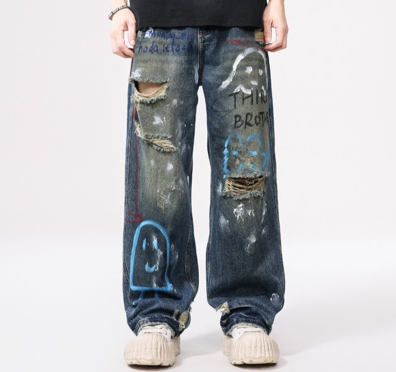 メンズデニムパンツ 男性用ダメージ加工デニムパンツ 