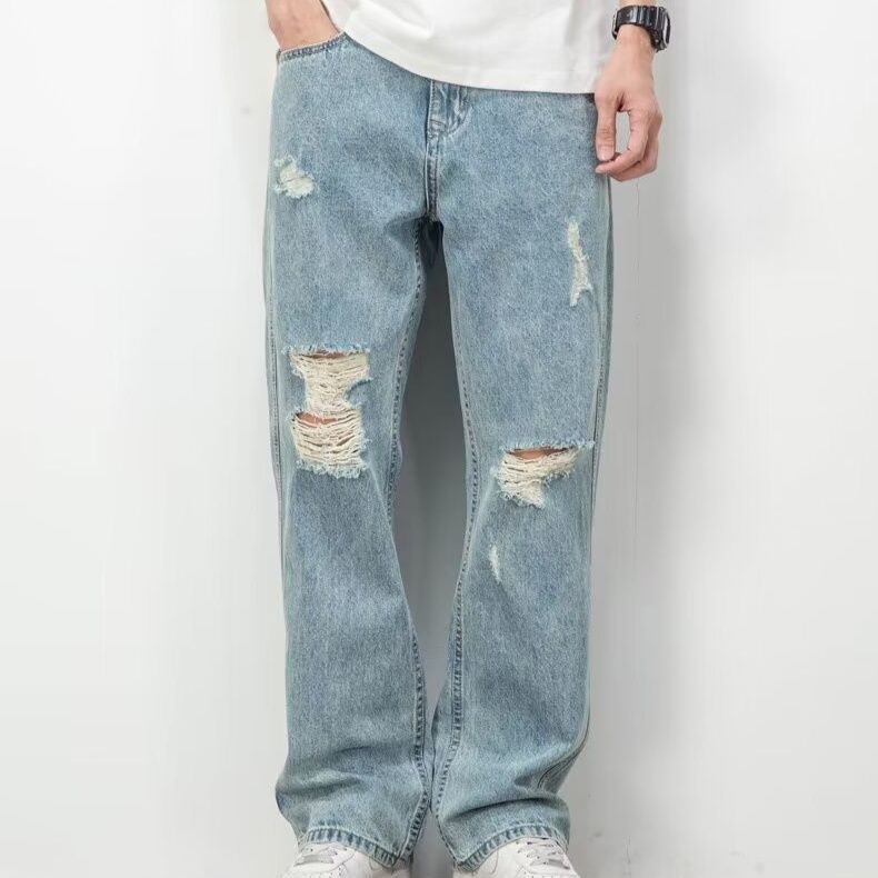 メンズデニムパンツ ワイドシルエット膝破れダメージデニムパンツ