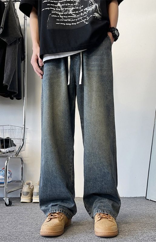 ヴィンテージ加工 メンズ ワイドデニムパンツ ドローストリング