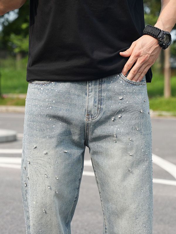 ラインストーン装飾メンズデニムパンツ街系ワイドボトムス