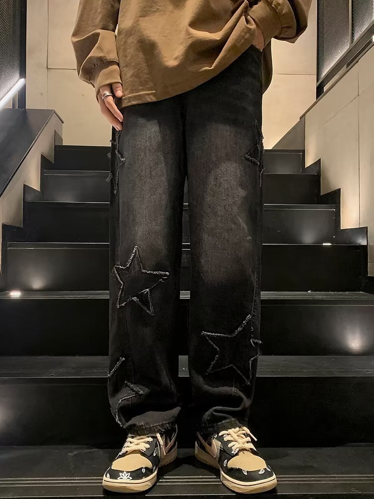 メンズデニムパンツ 星形アップリケ装飾ゆったりデニムパンツ ワイド