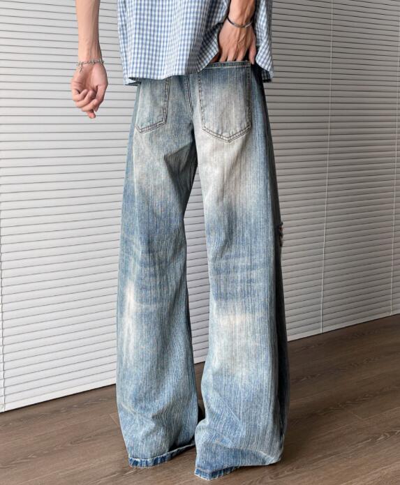 メンズデニムパンツ 復古風ダメージ加工デニムパンツ メンズワイドボトムス