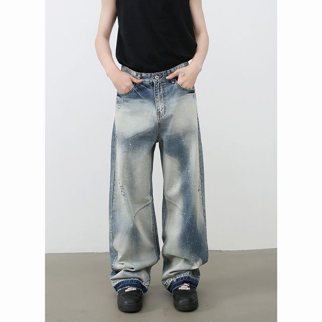 メンズデニムパンツ ダメージ加工ワイドデニムパンツ男女兼用ゆったりボトムス