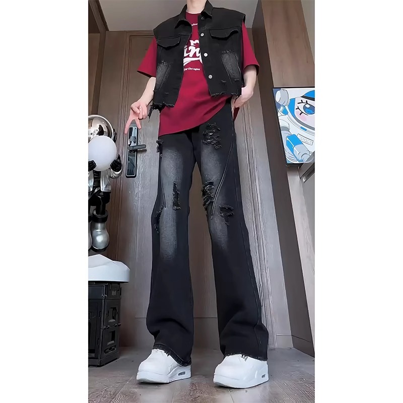 デニムパンツメンズ ダメージ ヴィンテージ風ダメージワイドデニム