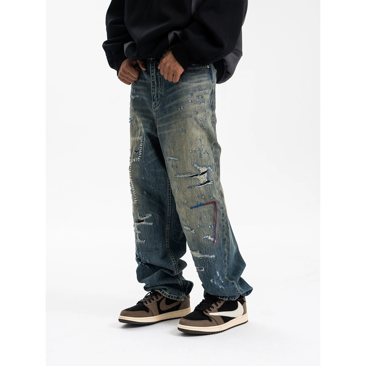 メンズデニムパンツ 男性用ダメージ加工ストリート風デニムパンツ