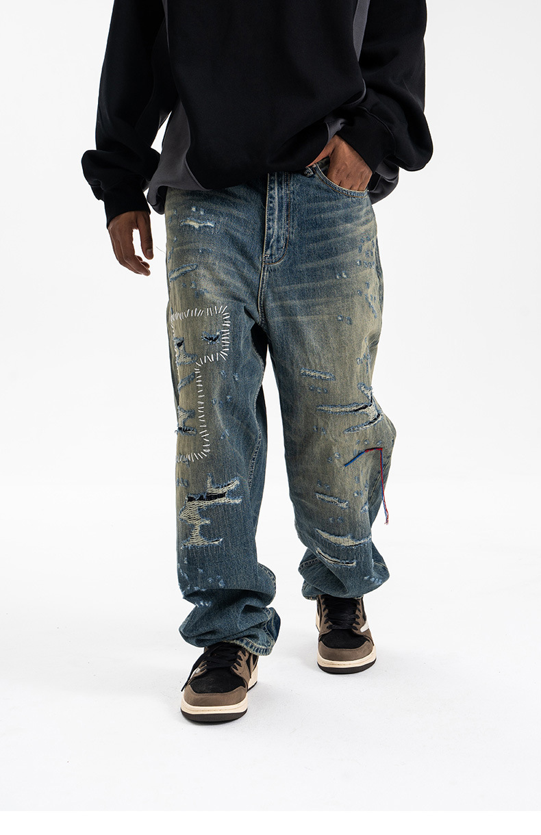 メンズデニムパンツ 男性用ダメージ加工ストリート風デニムパンツ