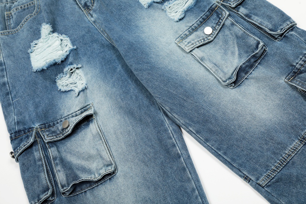 メンズデニムパンツ ダメージ加工カーゴ男女兼用全2色