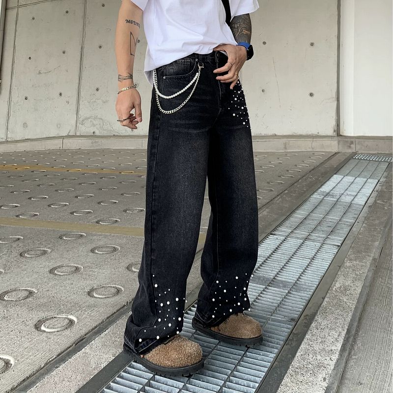 メンズデニムパンツ ラインストーン装飾メンズワイドデニム 男女兼用