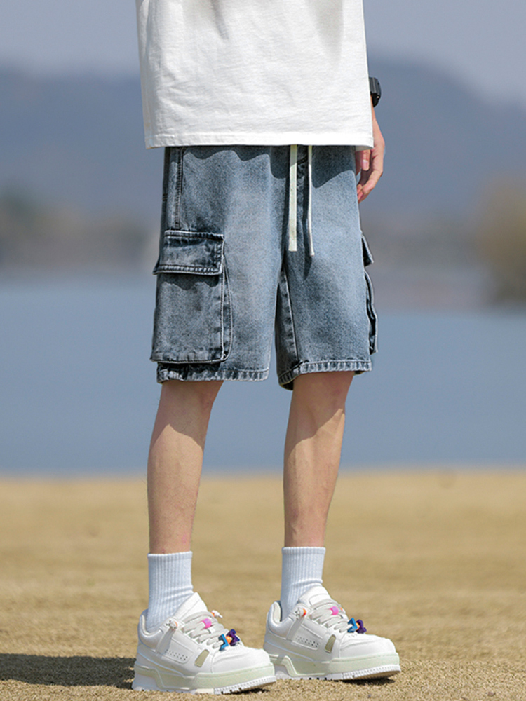 デニムパンツメンズ ワイド ゆったりカーゴデニムハーフパンツ