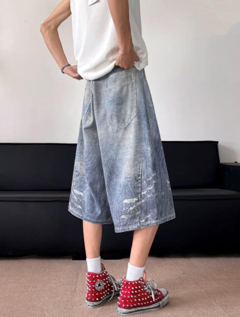 メンズデニムパンツ メンズデニムワイドハーフパンツダメージ加工