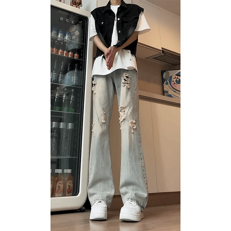 デニムパンツメンズ ダメージ ヴィンテージ風ダメージワイドデニム