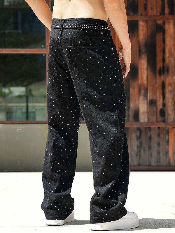 メンズデニムパンツ ラインストーン黒 ワイド