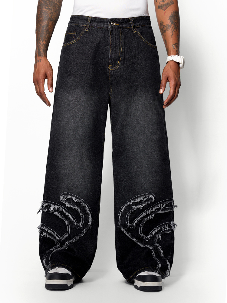 メンズデニムパンツ ウォッシュ加工 ダメージ風パッチ付きワイド ゆったりシルエット