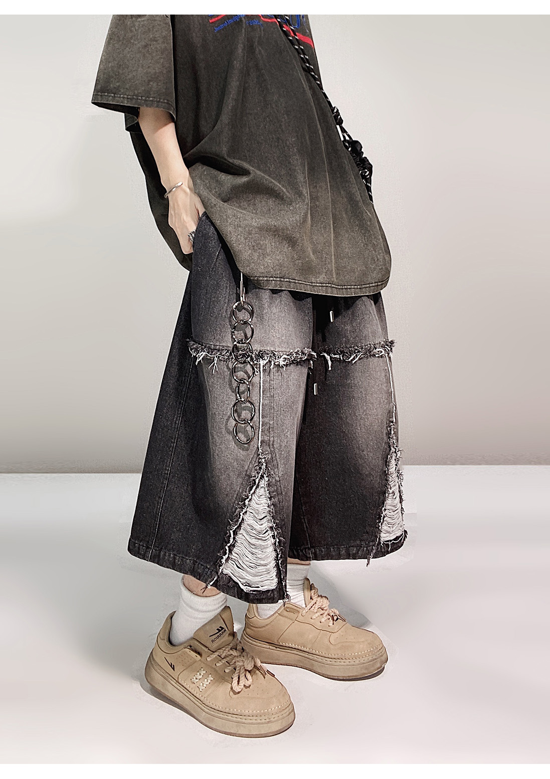 デニムパンツメンズ ワイドシルエット裂け加工デニム