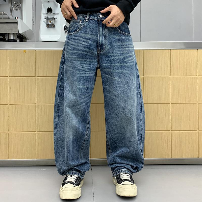 メンズデニムパンツ ヴィンテージ加工ワイドシルエットカーゴデニムパンツ