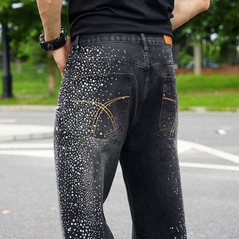 ラインストーン装飾メンズデニムパンツ街系ワイドボトムス
