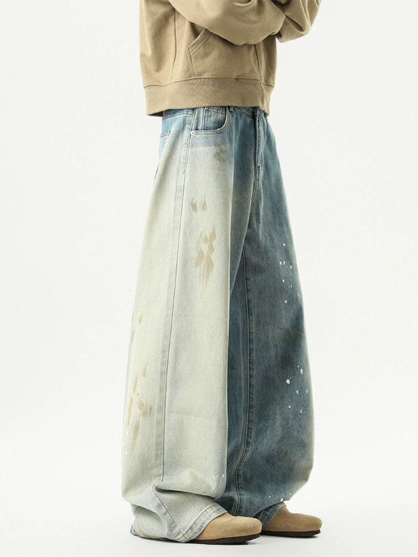 メンズデニムパンツ ビンテージ加工ワイドデニムパンツ男女兼用ストリート系