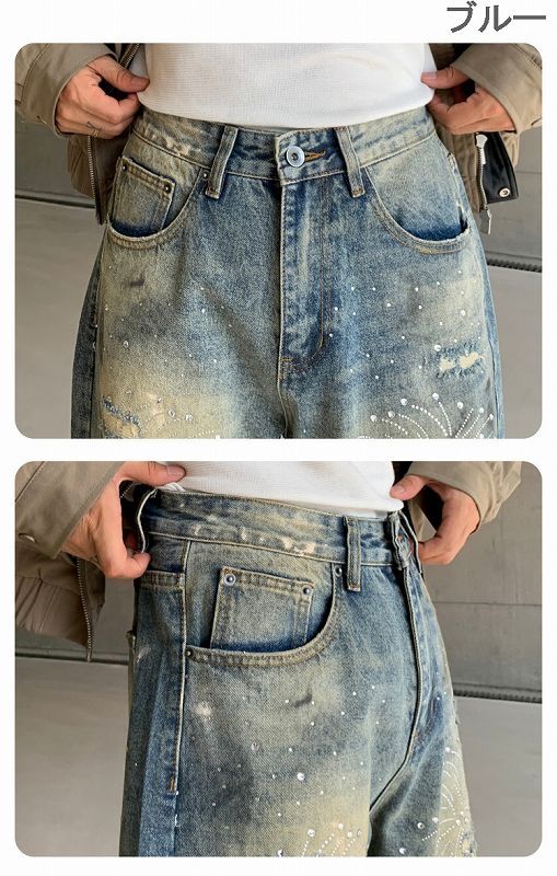 メンズデニムパンツ ラインストーン装飾デニムパンツ メンズバギー