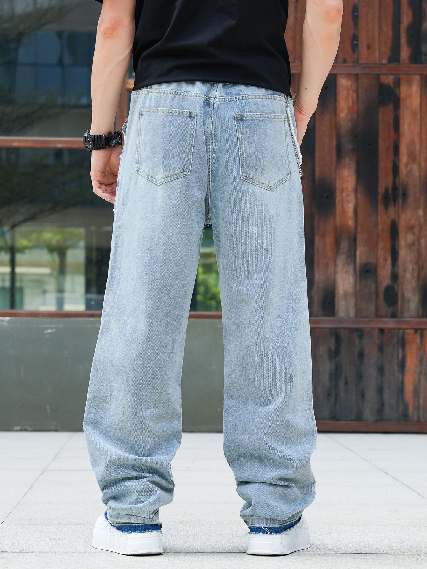 ラインストーン装飾ワイドメンズデニムパンツ