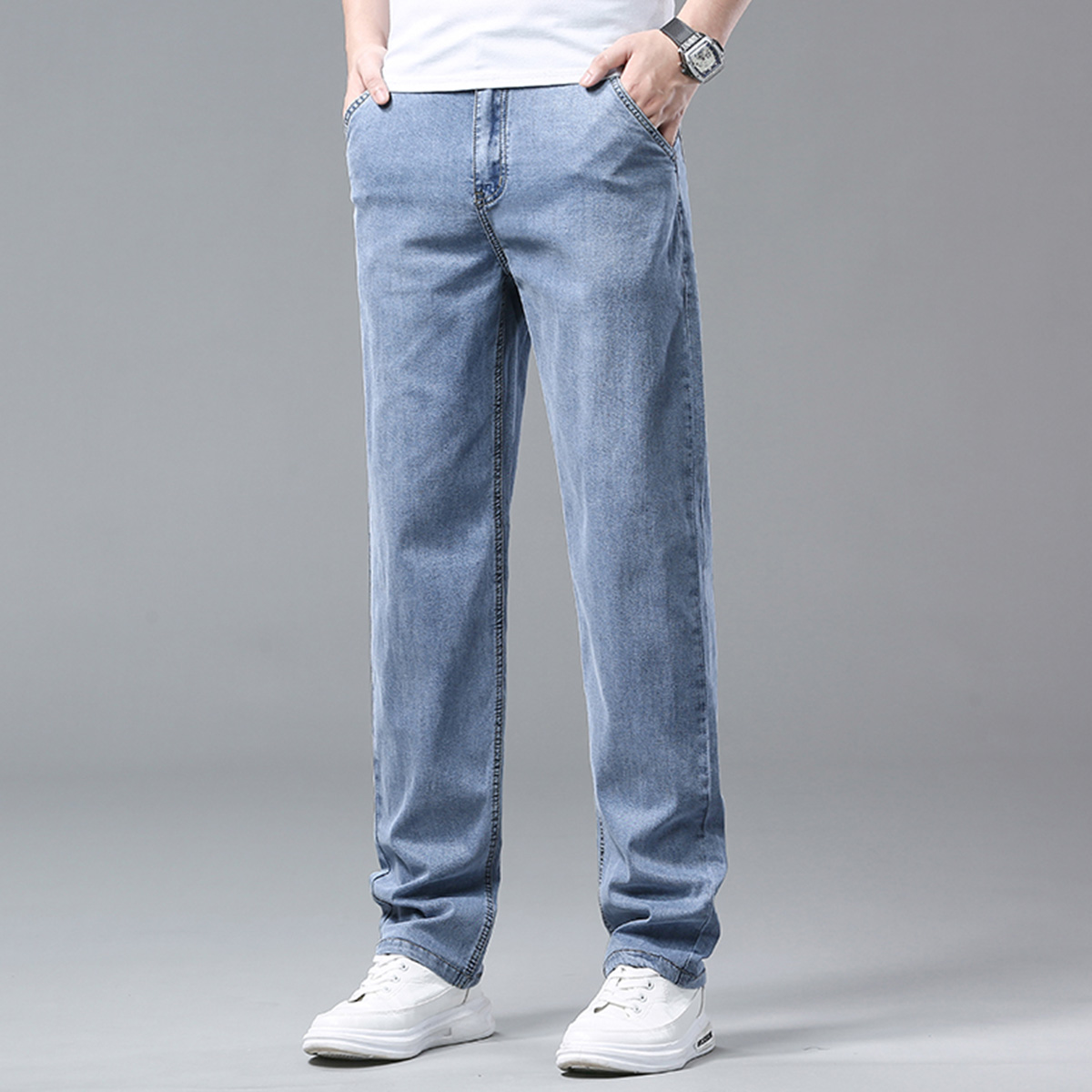 デニムパンツメンズ 快適ストレッチ加工ストレートデニムパンツ