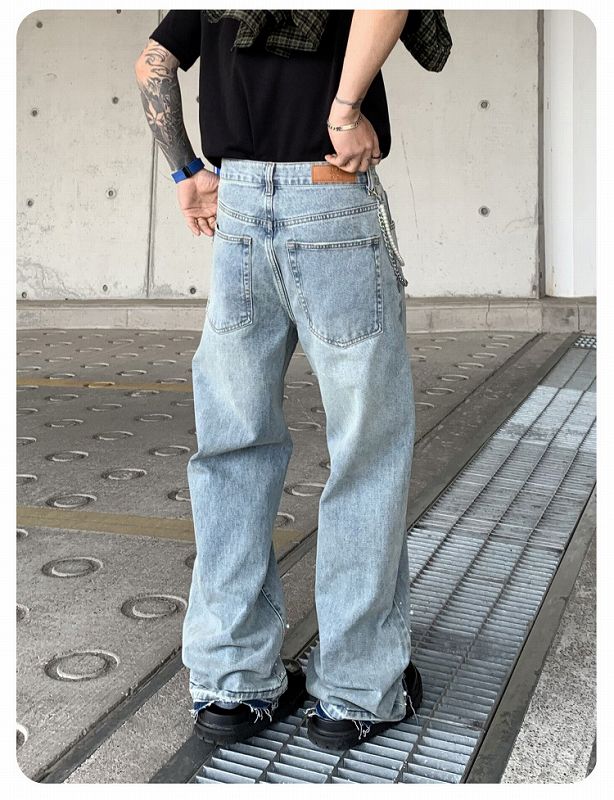 メンズデニムパンツ ラインストーン装飾メンズワイドデニム 男女兼用