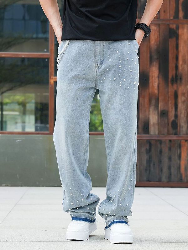 ラインストーン装飾ワイドメンズデニムパンツ
