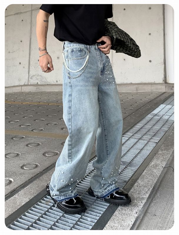 メンズデニムパンツ ラインストーン装飾メンズワイドデニム 男女兼用