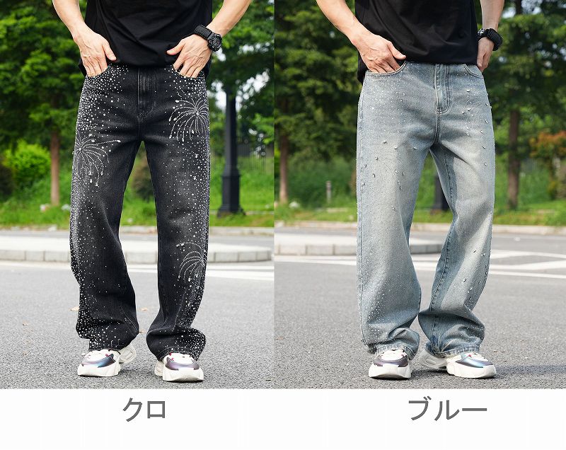 ラインストーン装飾メンズデニムパンツ街系ワイドボトムス