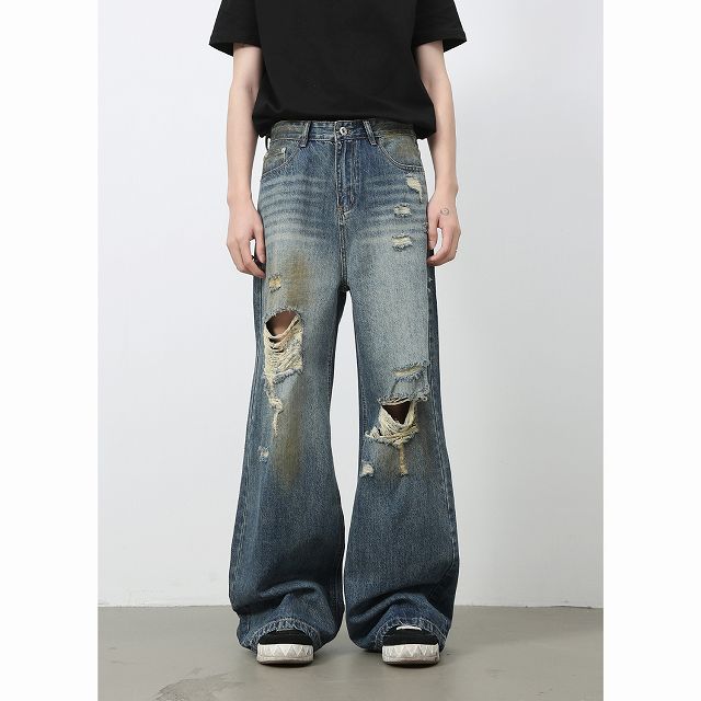 メンズデニムパンツ メンズ ダメージ加工 ワイドデニムパンツ