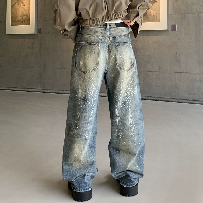 メンズデニムパンツ ラインストーン装飾デニムパンツ メンズバギー