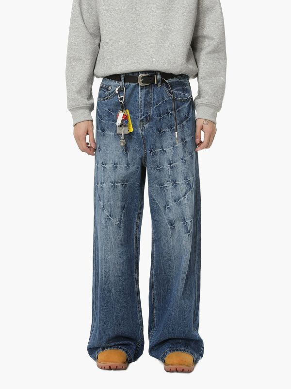 メンズデニムパンツ ワイドシルエット ダメージ加工 ストリート系ボトムス