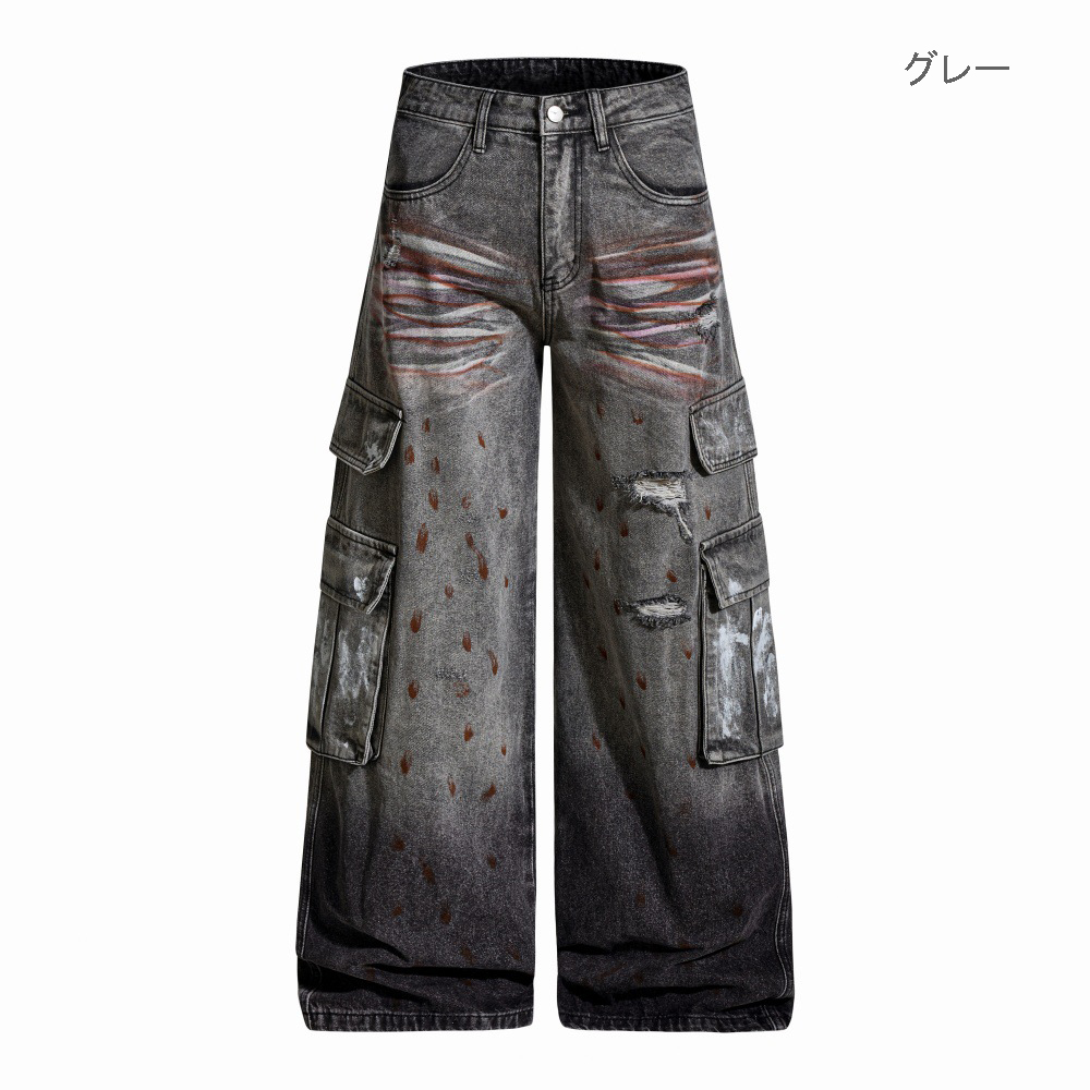 メンズデニムパンツ ダメージ加工カーゴデニムパンツ ワイド メンズ
